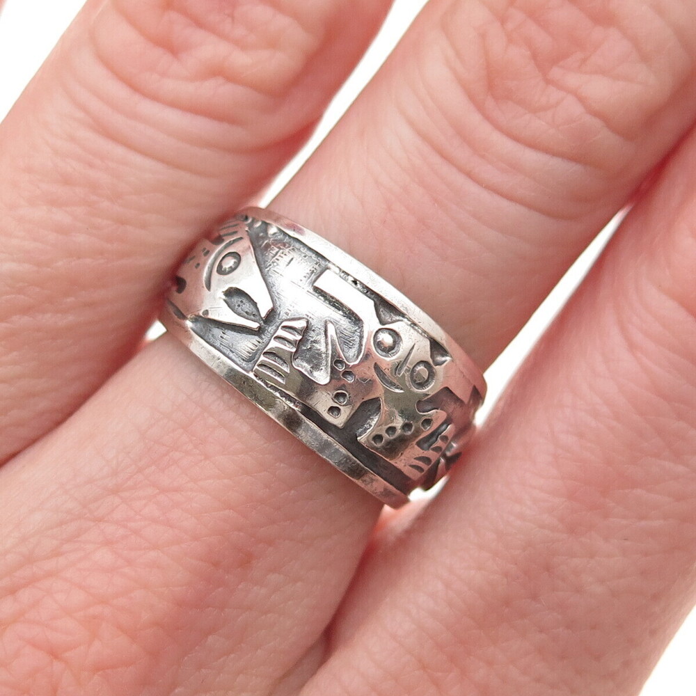 900 Silver Vintage Ecuador Frog & Fish Symbol Adjustable Ring Size 6.25